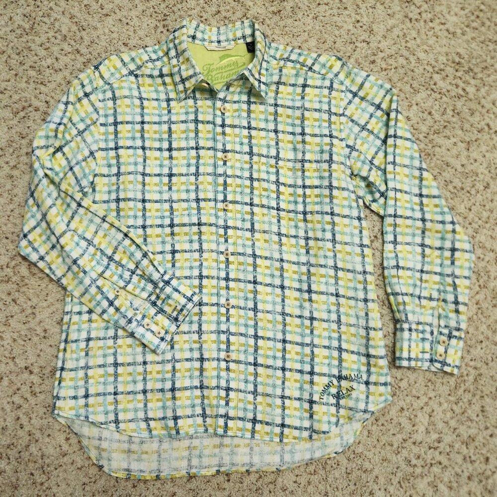 Tommy Bahama shirt M linen long sleeve blue green plaid